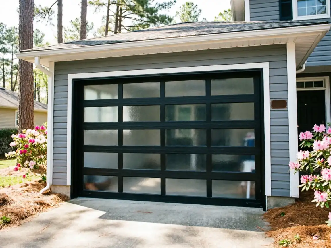 A modern black garage door with frosted glass panels on a gray house.