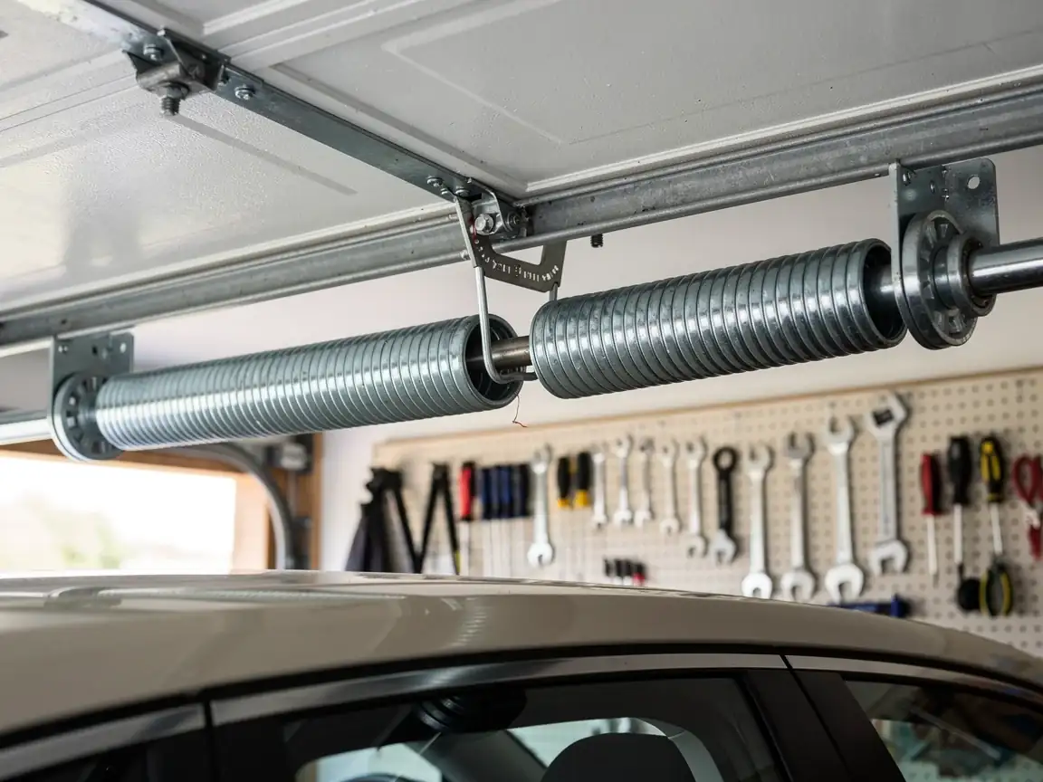 A garage door torsion spring is mounted above a car.