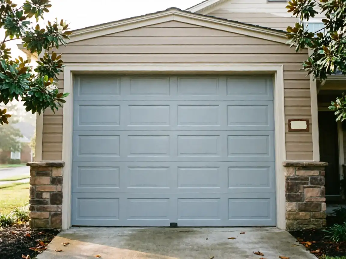 A light gray paneled garage door is on a tan house with stone accents.