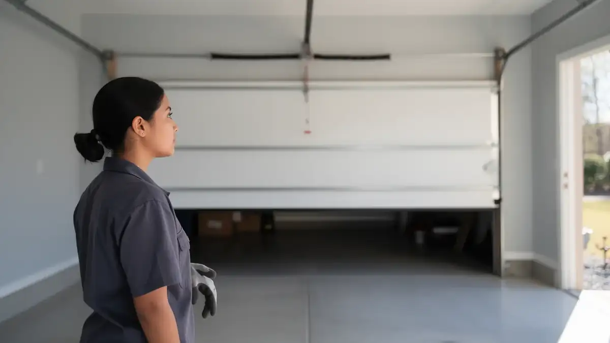 A technician stands in a garage with a partially open white garage door.